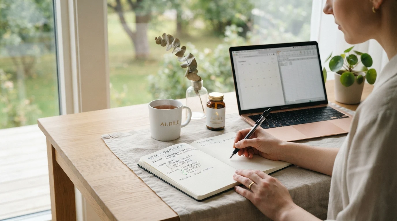 Ett lugnt arbetsrum med ett Aurile-paket och ett anteckningsblock